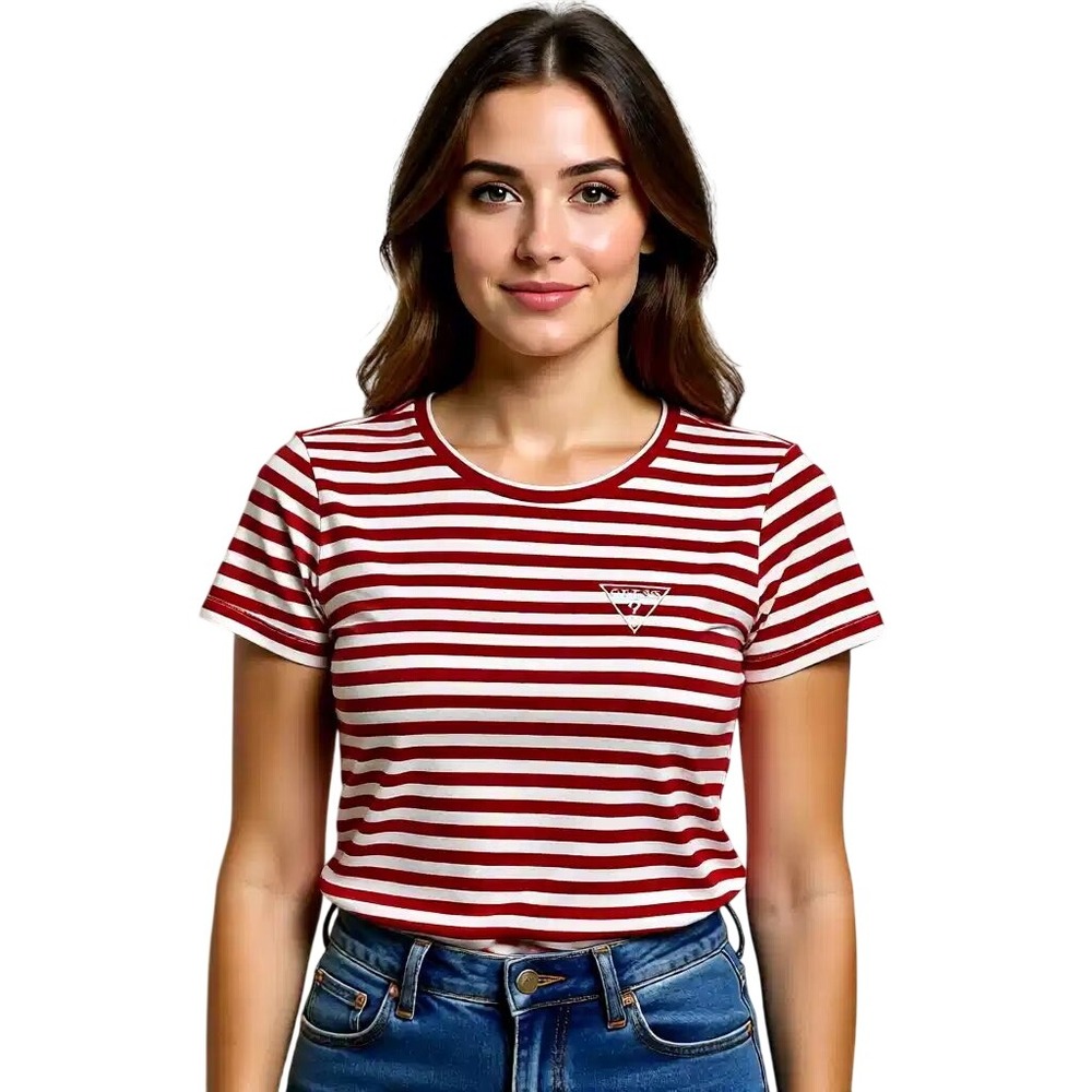Guess Womens Red White Striped Short Sleeve Logo T-Shirt Size L NWT